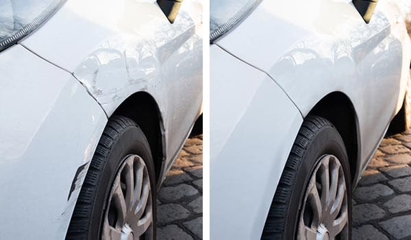 parkeringsbulk for etter Smart repair fikser bulker og lakkskader på hvit bil - før og etter bilde